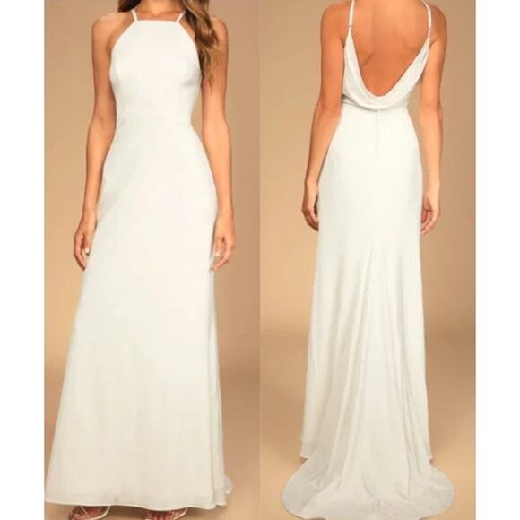 LULU'S SZ L Eternal Promise Ivory Satin Cowl Back Sleeveless Maxi Dress NEW B41 - Picture 1 of 9
